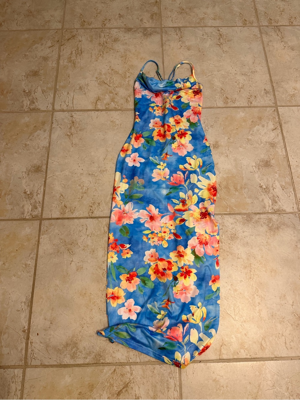 Tropical Blue Floral Slip Dress with Spaghetti Straps